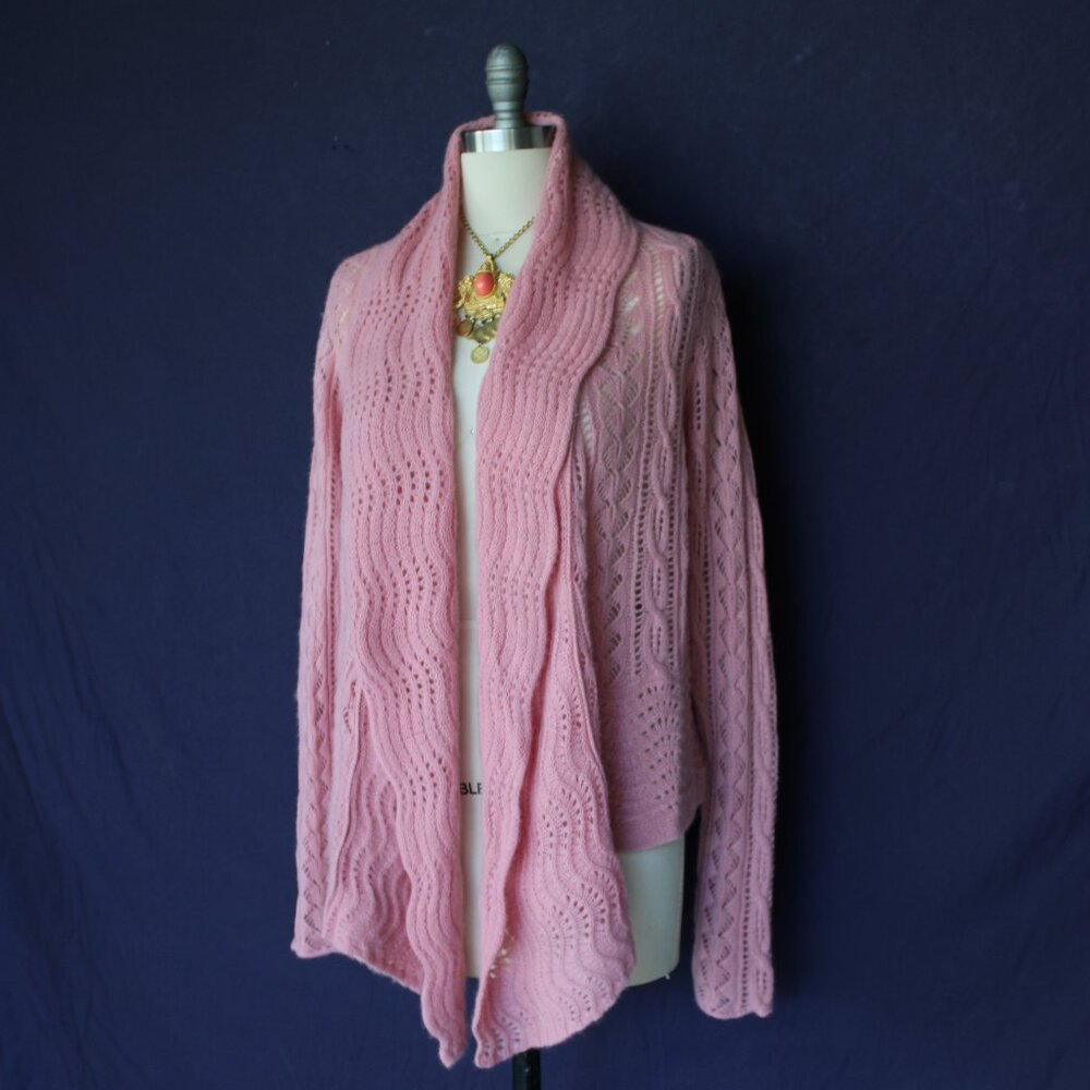 Calypso St Barth Cashmere Cardigan sweater waterfall pink crochet macreme nude M - Picture 6 of 9
